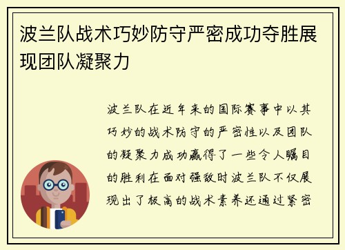 波兰队战术巧妙防守严密成功夺胜展现团队凝聚力